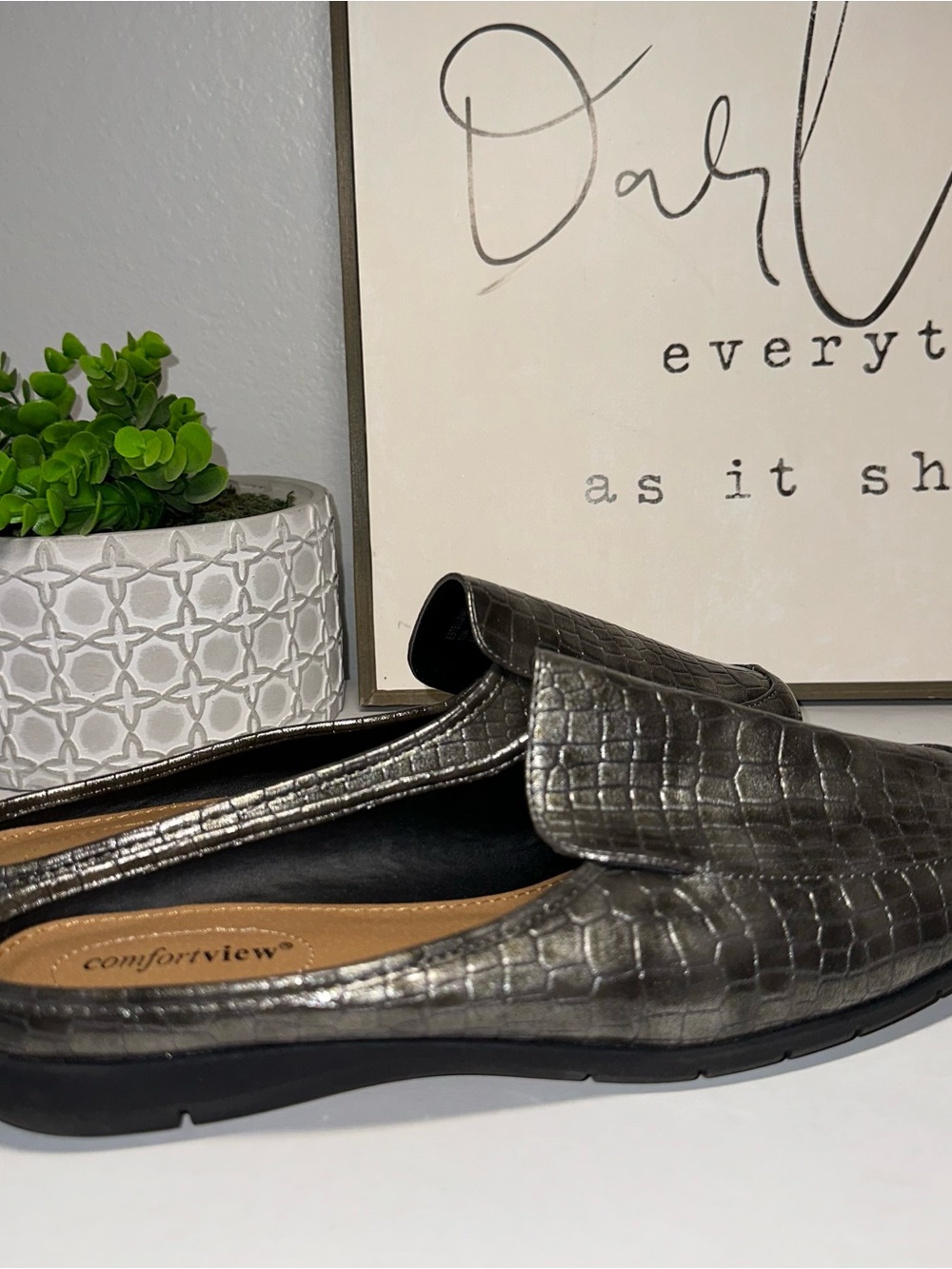 Comfortview Estelle Metallic Croc Embossed Loafer Mules Size 10W Slip On